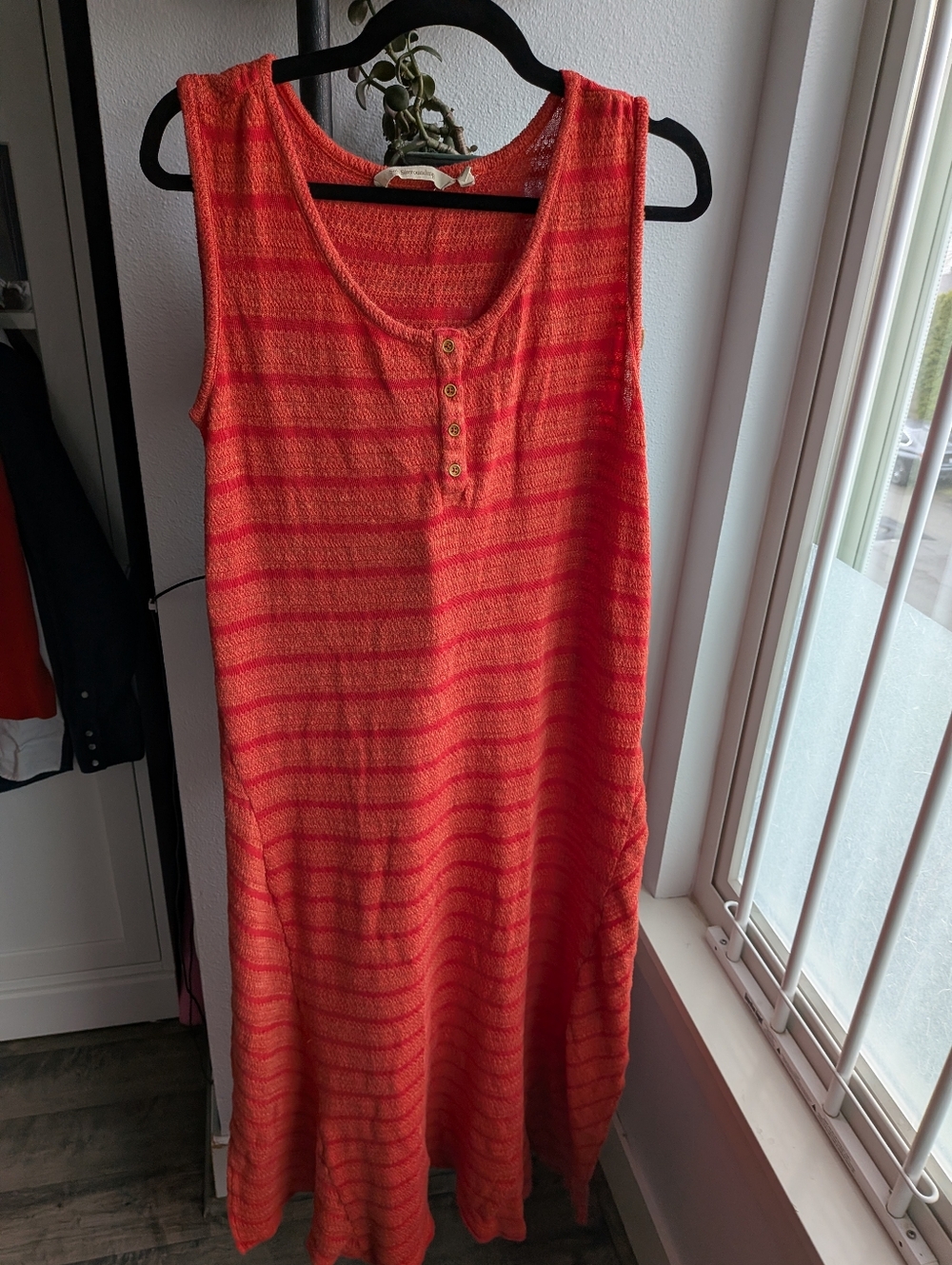 Soft Surroundings Striped Henley Maxi Dress Size L Orange Red Knit Textured